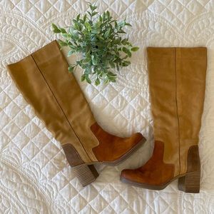 {mtng} Color block suede tall wide calf boots | yellow/orange/brown sz 40